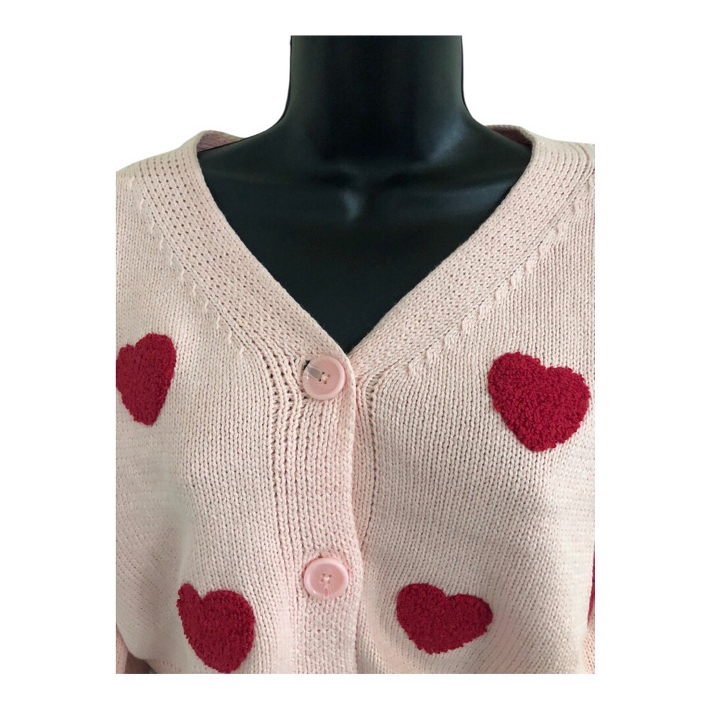 Jessica Simpson tufted embroidered red hearts cropped pink cardigan size XL new‎ - Picture 4 of 12